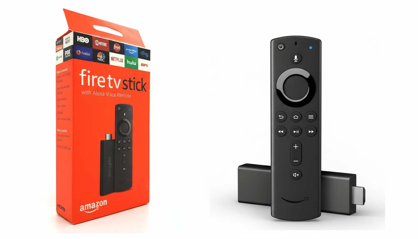 An Amazon Fire TV Stick with Alexa Voice Remote, shown next to its orange packaging.