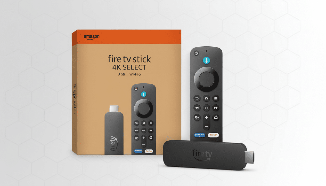 A professional 16:9 aspect ratio image of an Amazon Fire TV Stick 4K Select box, two remote controls, and the Fire TV Stick device, presented on a clean, light gray background with a subtle hexagonal pattern.