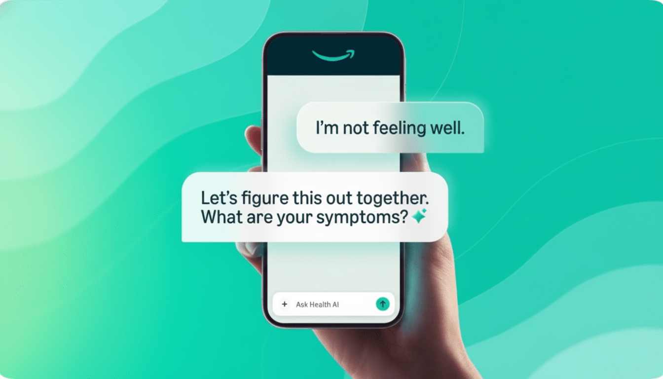 A hand holding a smartphone displaying a chat interface with the messages Im not feeling well. and Lets figure this out together. What are your symptoms? The phone has an Amazon logo at the top and Ask Health AI at the bottom. The background is a teal and green wavy pattern.