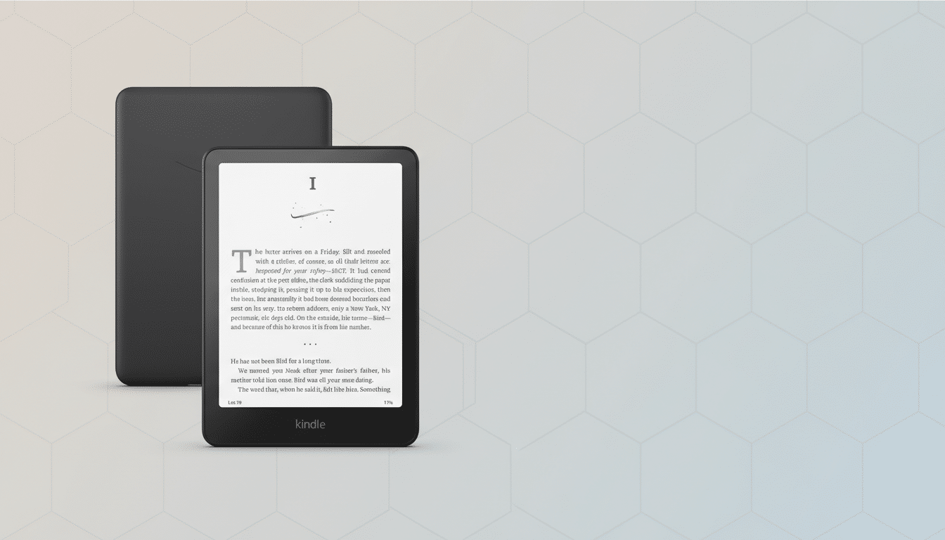 A black Kindle e-reader with a book displayed on its screen, positioned in front of another black Kindle, both set against a professional flat design background with soft patterns and gradients.
