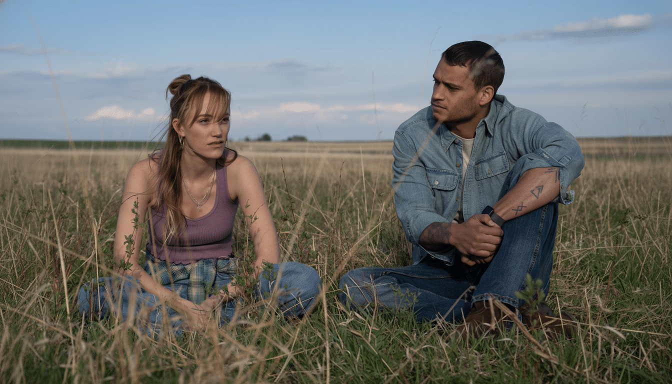 A man and a woman sitting in a field of tall grass, looking at each other.