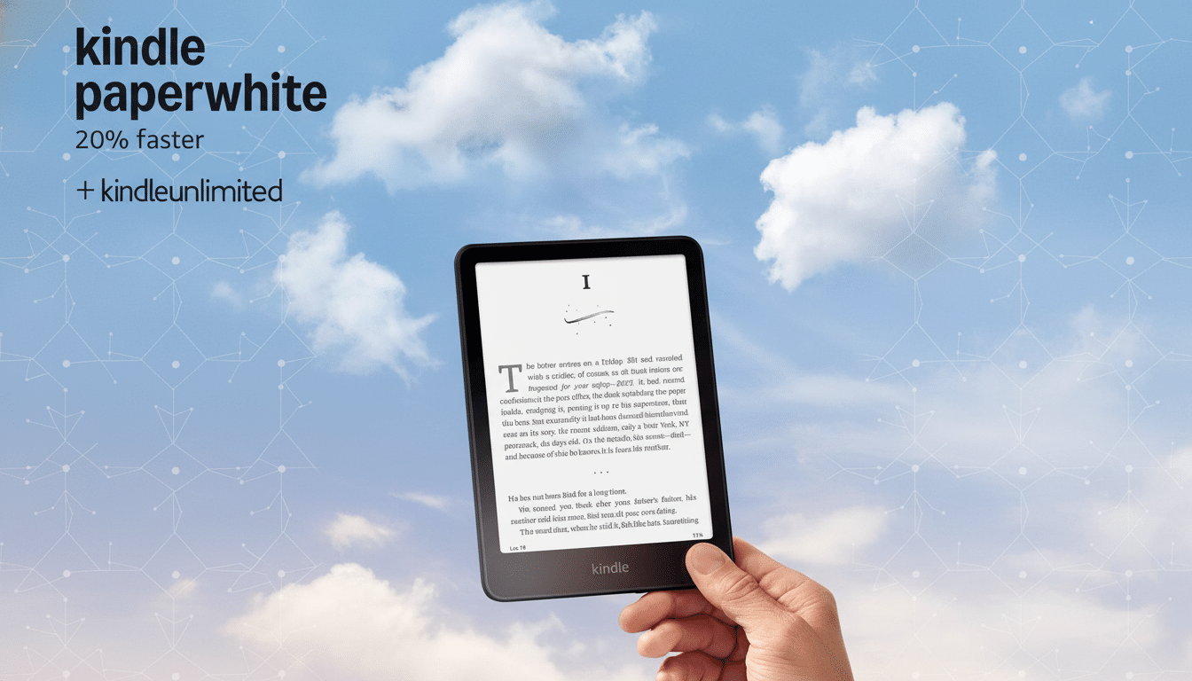 A hand holding a Kindle Paperwhite e-reader with text on the screen, set against a blue sky with clouds and a subtle network pattern. The top left corner features kindle paperwhite 20% faster + kindleunlimited text.