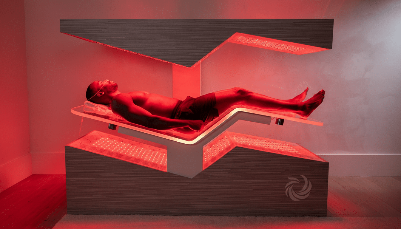 A man lies on a futuristic bed bathed in red light, with panels above and below emitting the light.
