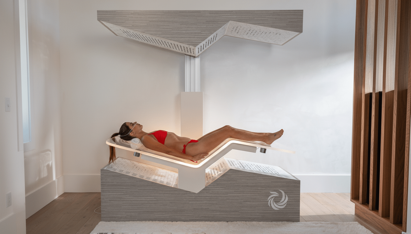 A woman in a red bikini lies on a modern, light therapy bed in a minimalist room.