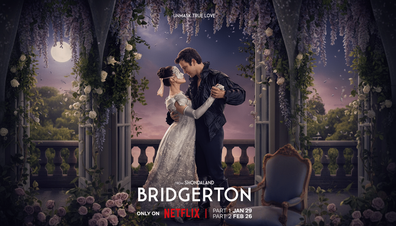A promotional image for Bridgerton, featuring a man and a woman dancing on a balcony at night, surrounded by flowers and wisteria. The image has been resized to a 16:9 aspect ratio.