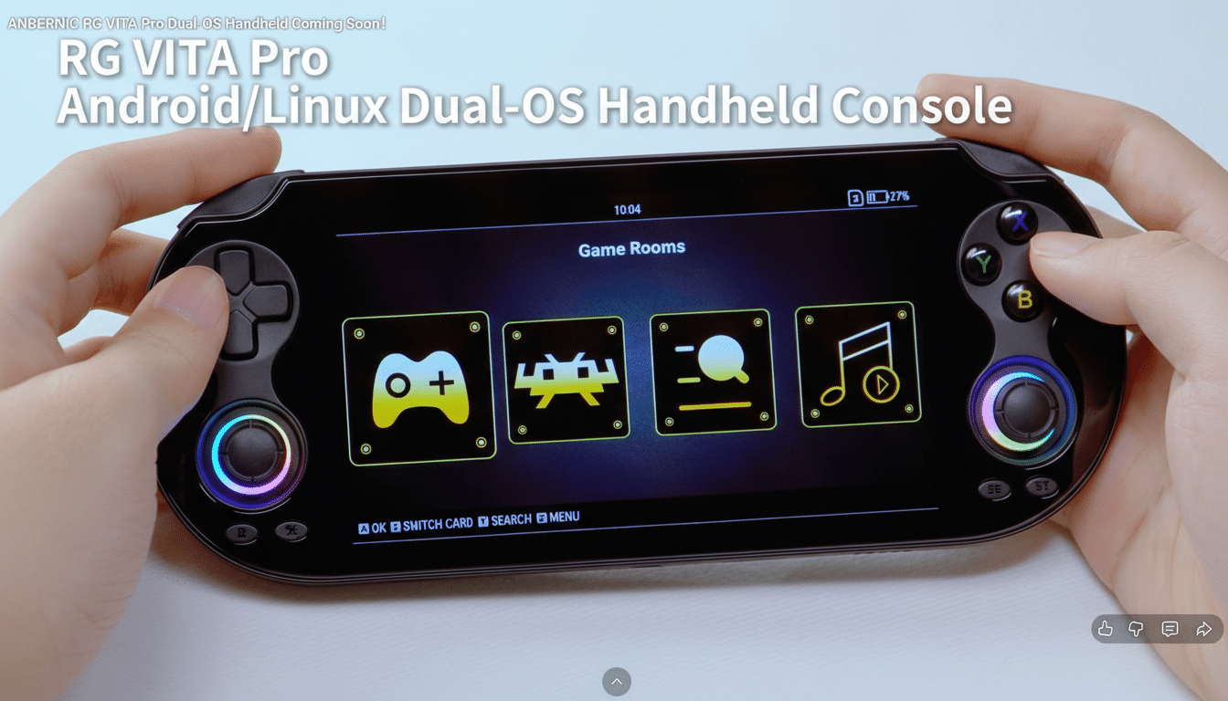 A person holding an RG VITA Pro Android/Linux Dual-OS Handheld Console, resized to a 16:9 aspect ratio.