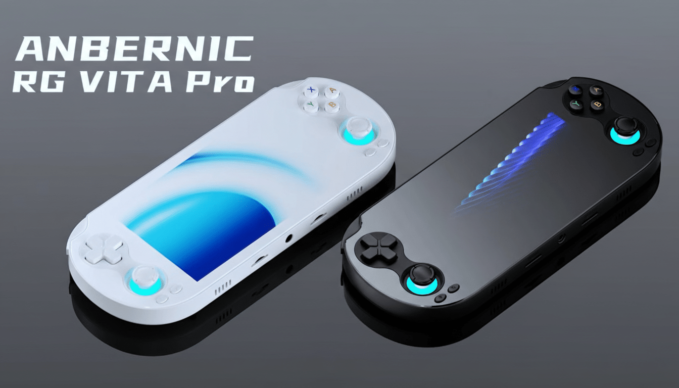 A 16:9 aspect ratio image featuring two Anbernic RG Vita Pro handheld gaming consoles, one white and one black, on a dark gray background.