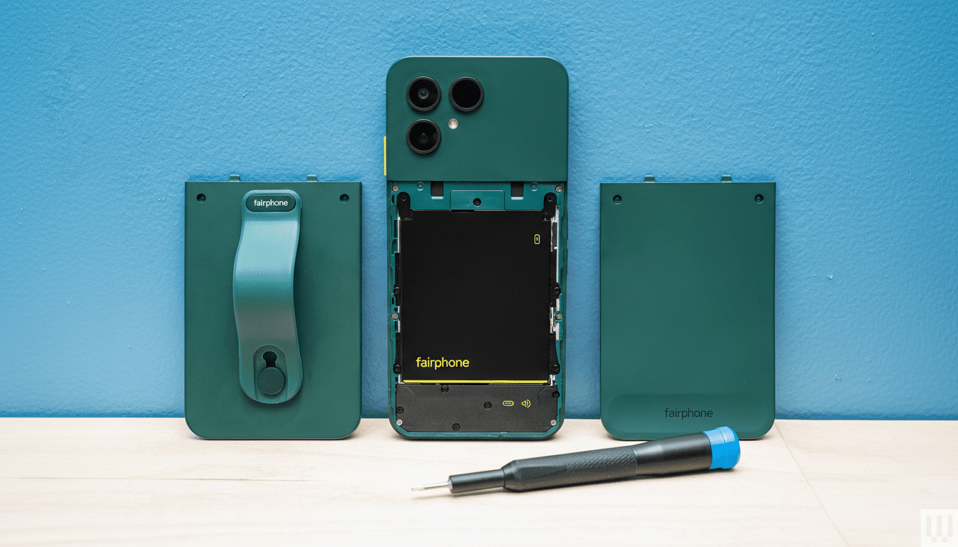 A Fairphone 4 disassembled, showing its internal components, alongside two back covers and a screwdriver, all on a wooden surface against a blue background.