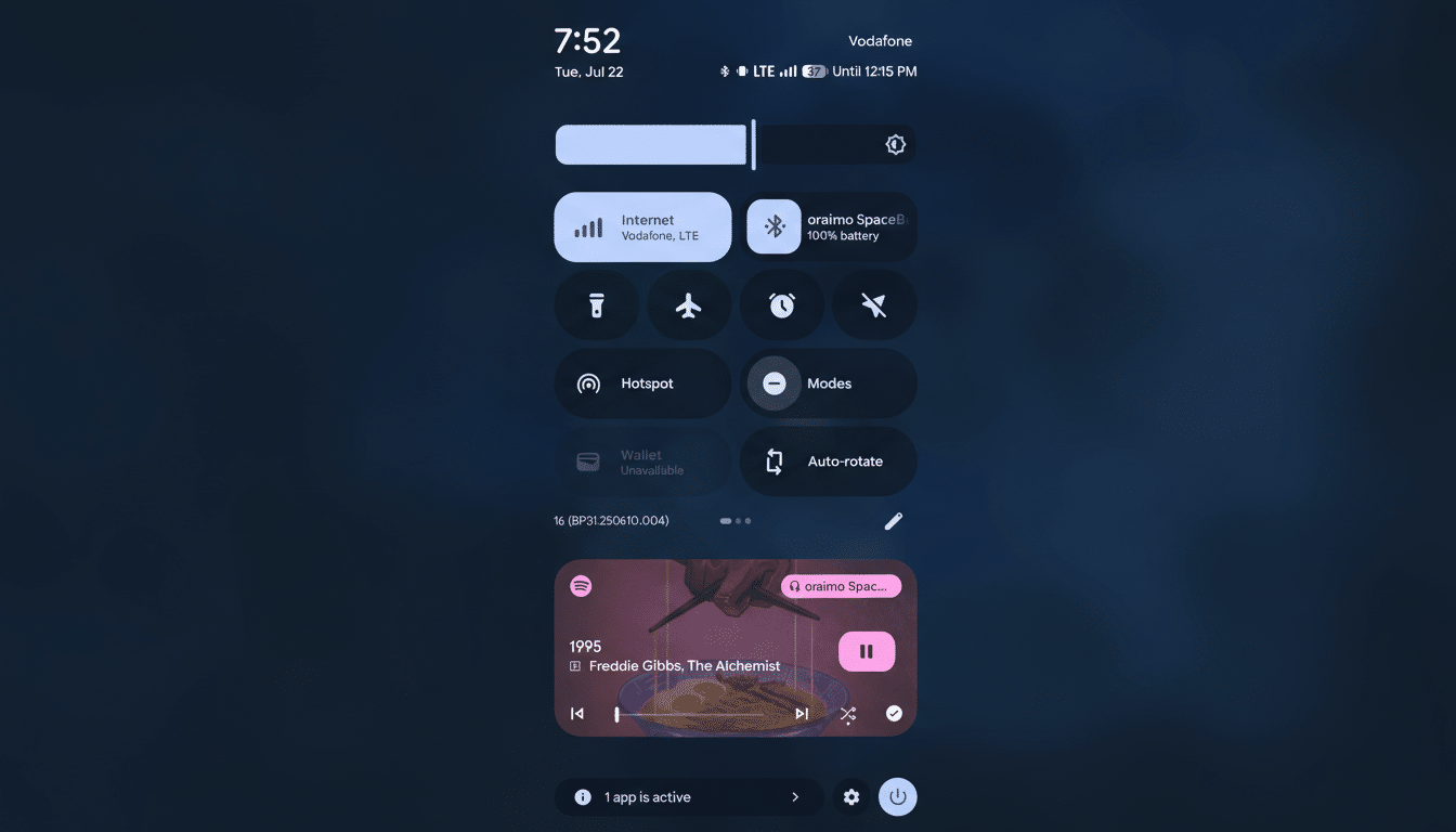 A resized and enhanced image of a smartphone screen displaying the quick settings menu and a music player widget.