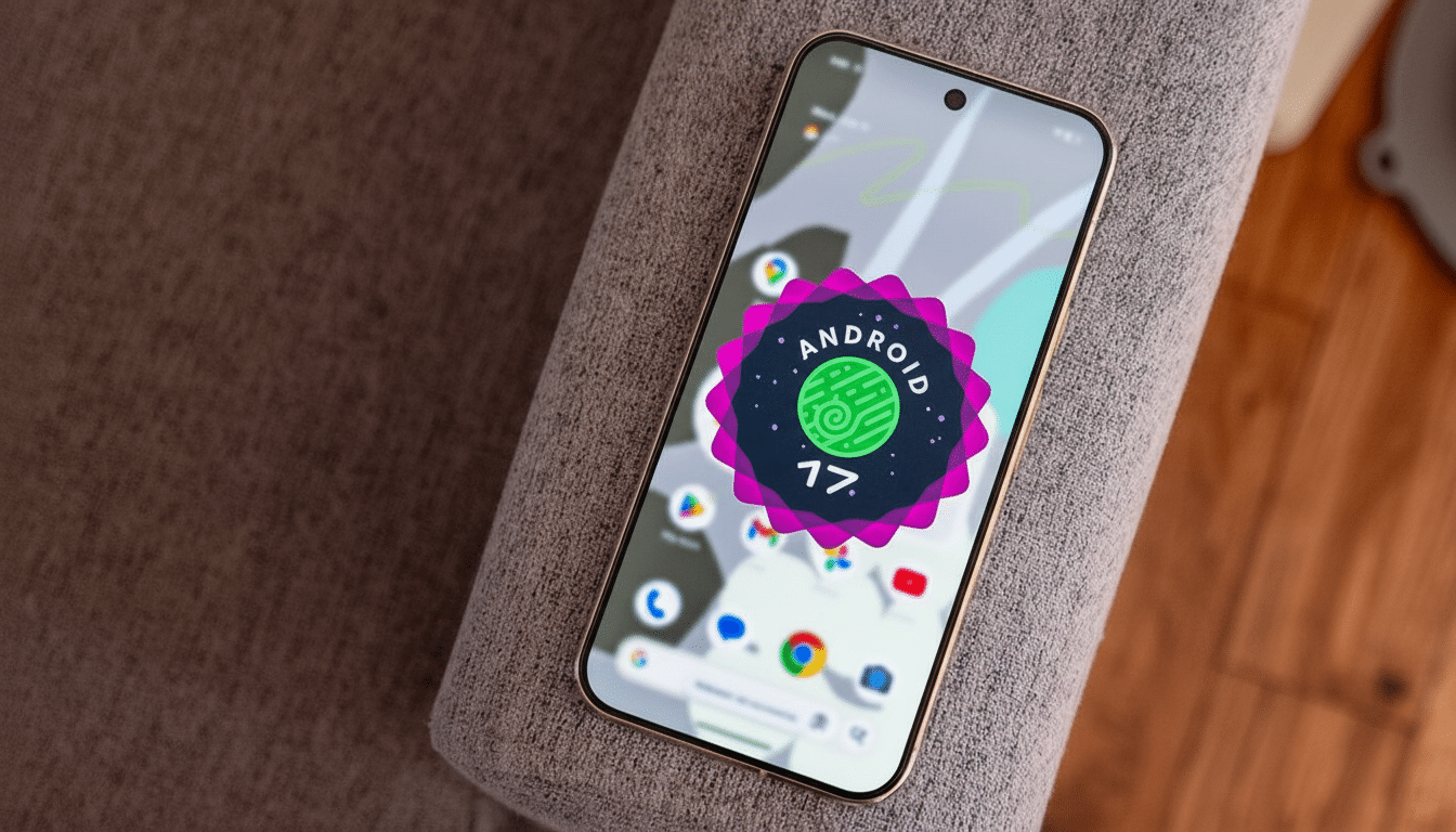 A smartphone displaying the Android 17 logo on its screen, resting on a textured gray surface.