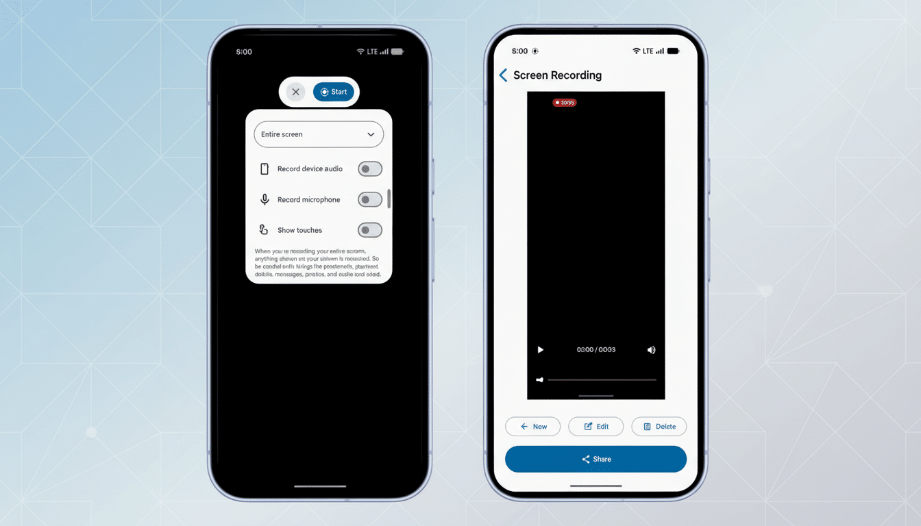 Two smartphone screens displaying screen recording options and a recorded video.