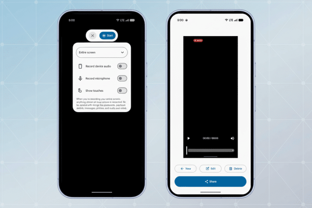 Two smartphone screens are shown side-by-side. The left screen displays a menu for screen recording options, including toggles for device audio, microphone, and touch display. The right screen shows a video player interface with a black screen, indicating a recording in progress or a video being played. The background has been updated to a professional flat design with soft patterns.