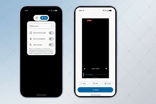 Two smartphone screens are shown side-by-side, displaying app interfaces. The left screen shows a menu for screen recording settings, including options for Entire screen, Record device audio, Record microphone, and Show touches. The right screen displays a video playback interface with a black screen, a timeline, and controls for New, Edit, Delete, and Share. The background has been updated to a professional flat design with soft patterns.