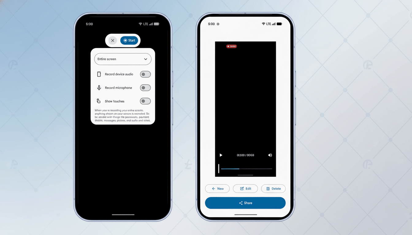 Two smartphone screens are shown side-by-side, displaying app interfaces. The left screen shows a menu for screen recording settings, including options for Entire screen, Record device audio, Record microphone, and Show touches. The right screen displays a video playback interface with a black screen, a timeline, and controls for New, Edit, Delete, and Share. The background has been updated to a professional flat design with soft patterns.