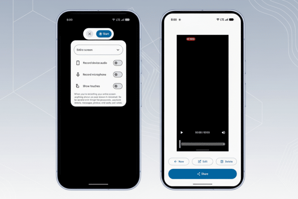 Two smartphones displaying screen recording interfaces. The left phone shows options for recording the entire screen, device audio, microphone, and touches. The right phone shows a video playback interface with a black screen, a timeline, and share options. The background has been updated to a professional flat design with soft patterns.