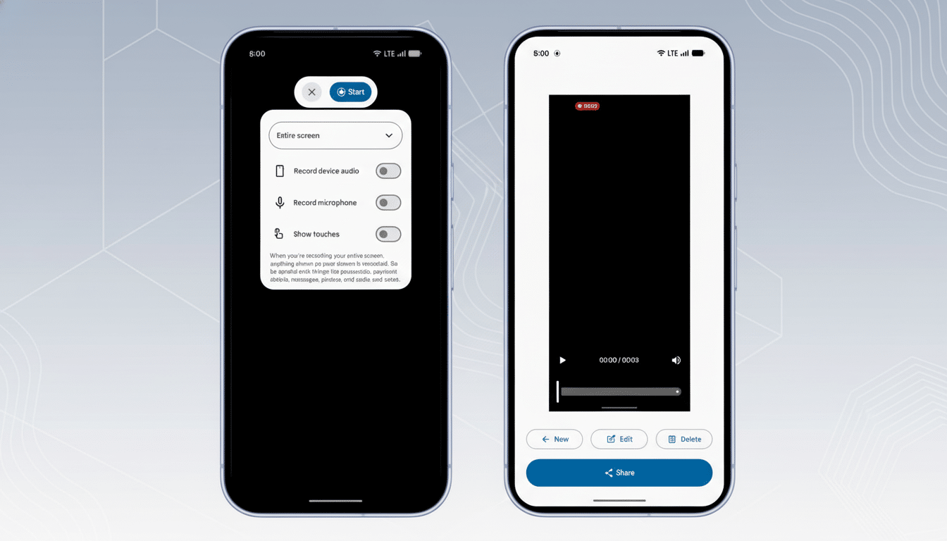 Two smartphones displaying screen recording interfaces. The left phone shows options for recording the entire screen, device audio, microphone, and touches. The right phone shows a video playback interface with a black screen, a timeline, and share options. The background has been updated to a professional flat design with soft patterns.