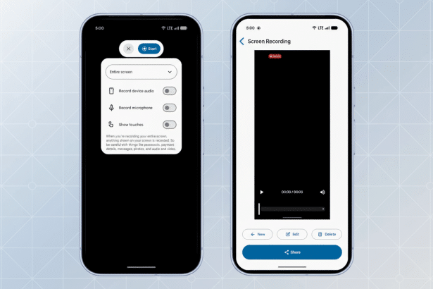 A professional enhancement of two smartphone screens, one showing screen recording options and the other displaying a recorded video, set against a subtle patterned background.