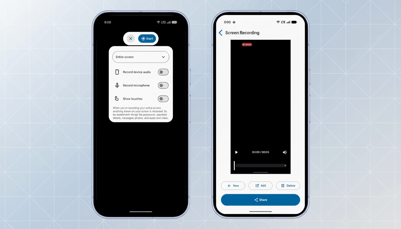 A professional enhancement of two smartphone screens, one showing screen recording options and the other displaying a recorded video, set against a subtle patterned background.