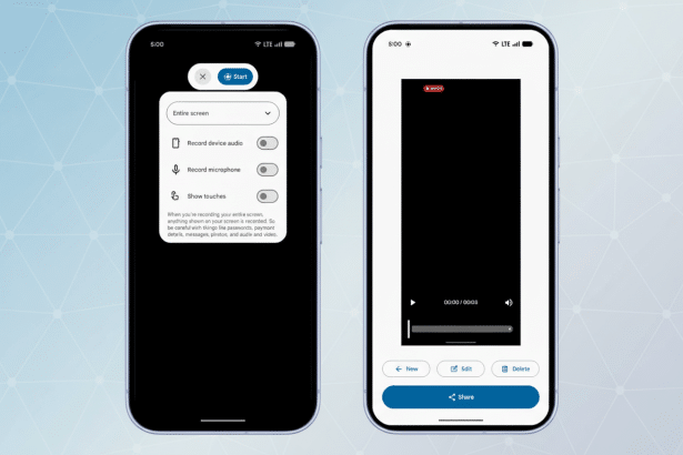 Two smartphones displaying screen recording interfaces, one showing settings and the other a recorded video, set against a professional flat design background with soft patterns.