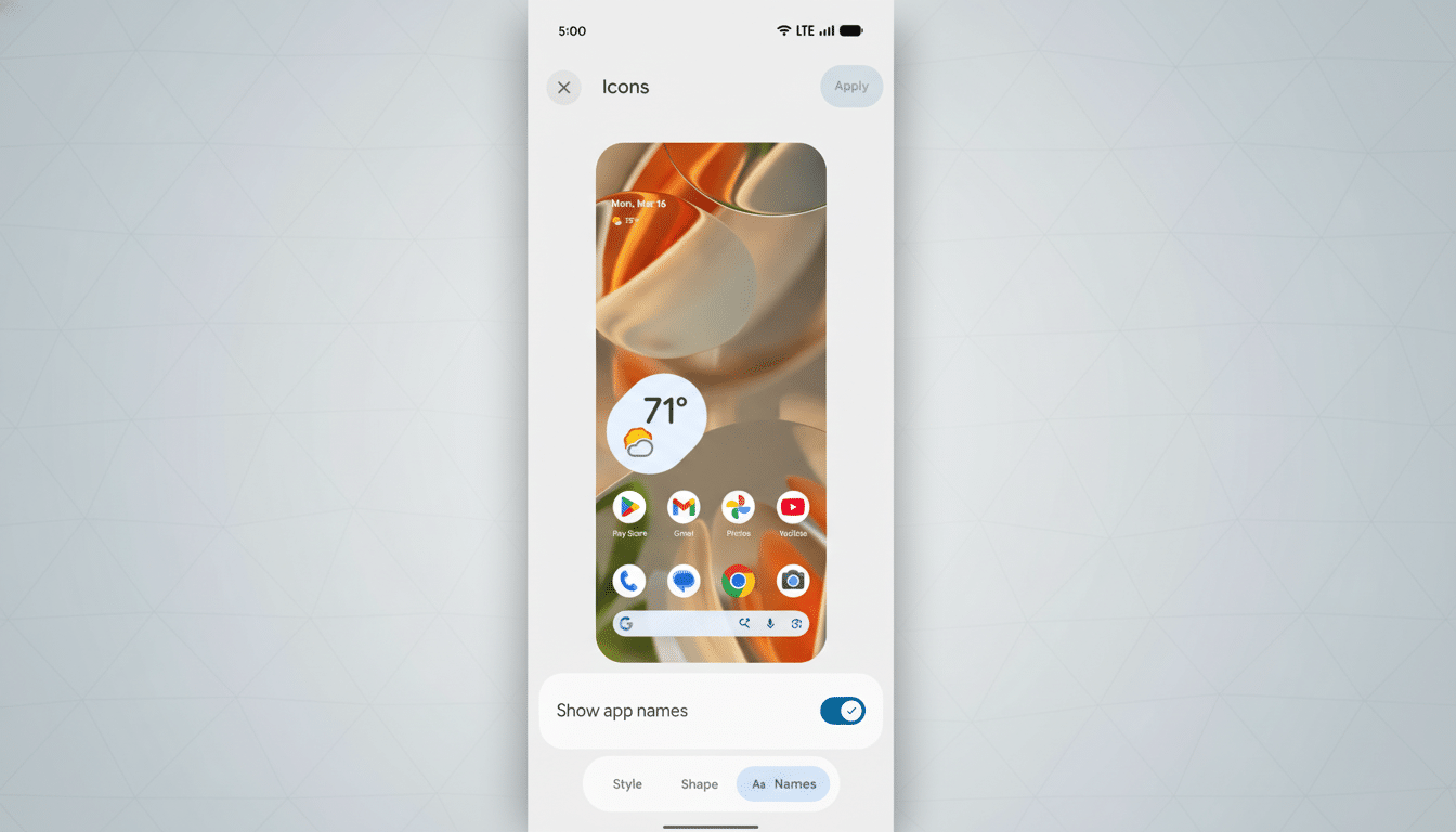 A smartphone screen displaying app icons and a weather widget, set against a professional flat design background with soft geometric patterns.