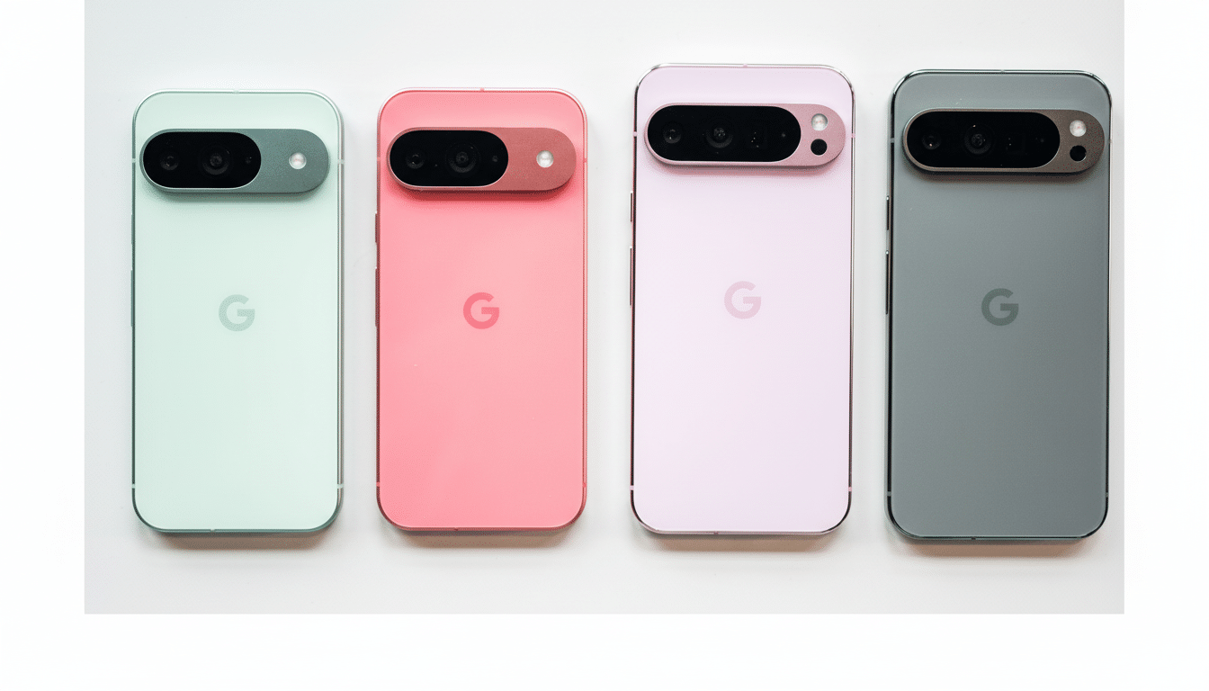Four Google Pixel phones in different colors (light green, pink, light purple, and gray) are arranged in a row on a white background.