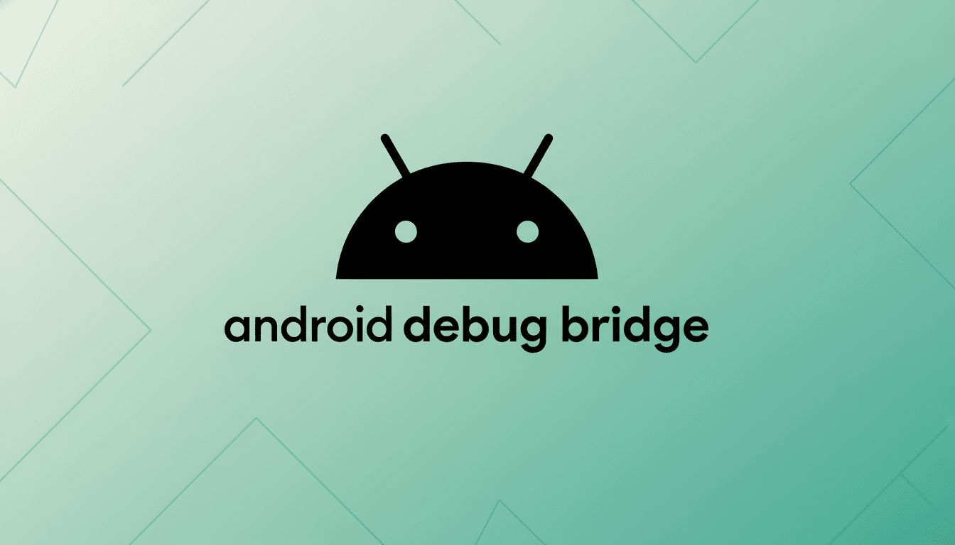 The Android Debug Bridge logo, featuring the black Android robot head icon above the text android debug bridge, set against a professional 16:9 aspect ratio background with a soft green gradient and subtle geometric patterns.