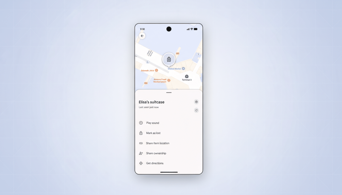 A smartphone screen displaying a map with a suitcase icon, indicating Elisas suitcase was Last seen just now. Below the map are options to Play sound, Mark as lost, Share item location, Share ownership, and Get directions. The phone is centered on a professional flat design background with soft patterns and gradients.