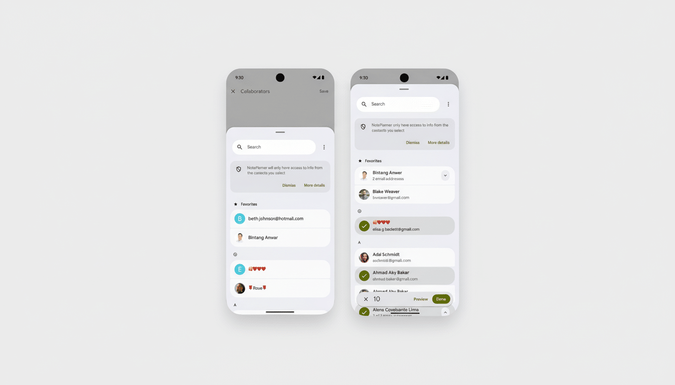 A side-by-side comparison of two mobile phone screens displaying a Collaborators feature. The left screen shows a list of contacts with a search bar and a privacy notice. The right screen shows a similar interface with a search bar, privacy notice, and a list of Favorites contacts, some of whom are selected with green checkmarks.