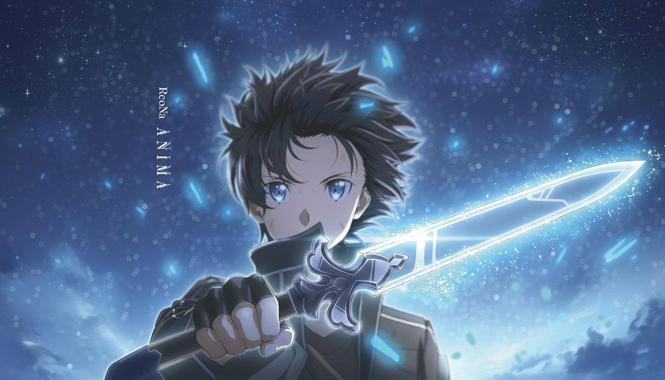 An anime character with dark, spiky hair and blue eyes, holding a glowing sword, against a starry night sky. The text ReoNa ANIMA is visible on the left side.