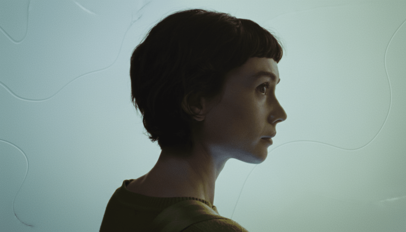 A woman with short dark hair in profile, looking to the right, against a light blue background with subtle wavy patterns.
