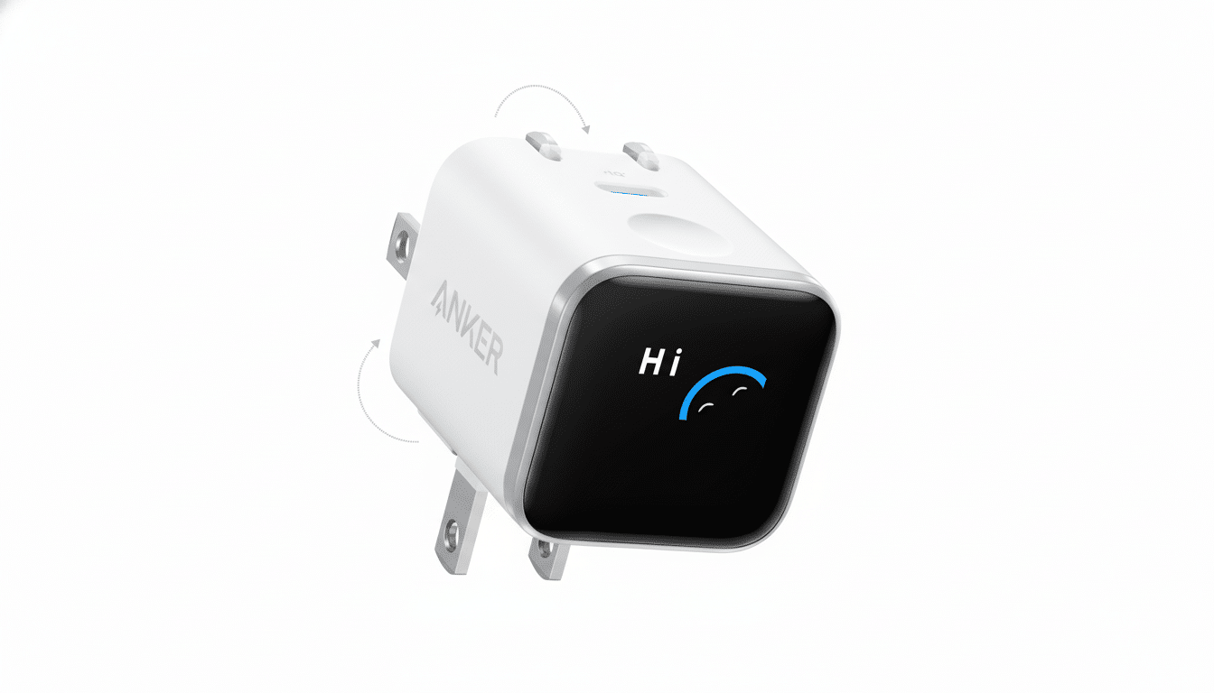A white Anker charging adapter with a small screen displaying Hi and a blue charging icon, set against a clean white background.