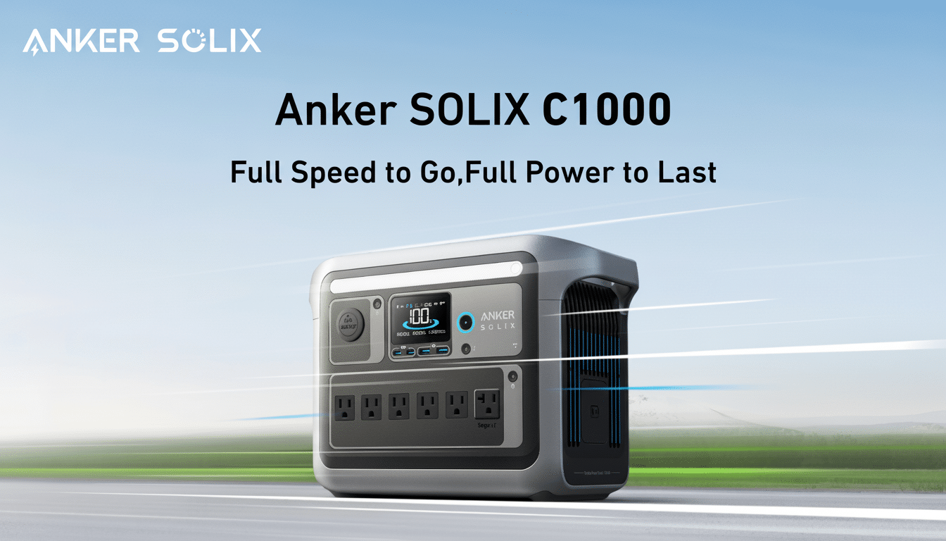 An Anker SOLIX C1000 portable power station is displayed on a road with a blurred background of hills and sky. The device is gray and black with multiple outlets and a digital display showing 100%. The Anker SOLIX logo is at the top left, and the text Anker SOLIX C1000 Full Speed to Go, Full Power to Last is centered above the device.