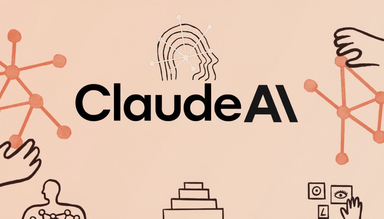 The Claude AI logo, featuring the text Claude AI in black, centered on a light peach background with various abstract line drawings and interconnected orange dots.