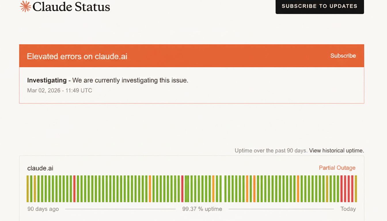 A screenshot of the Claude Status page showing Elevated errors on claude.ai and an uptime graph indicating a partial outage.