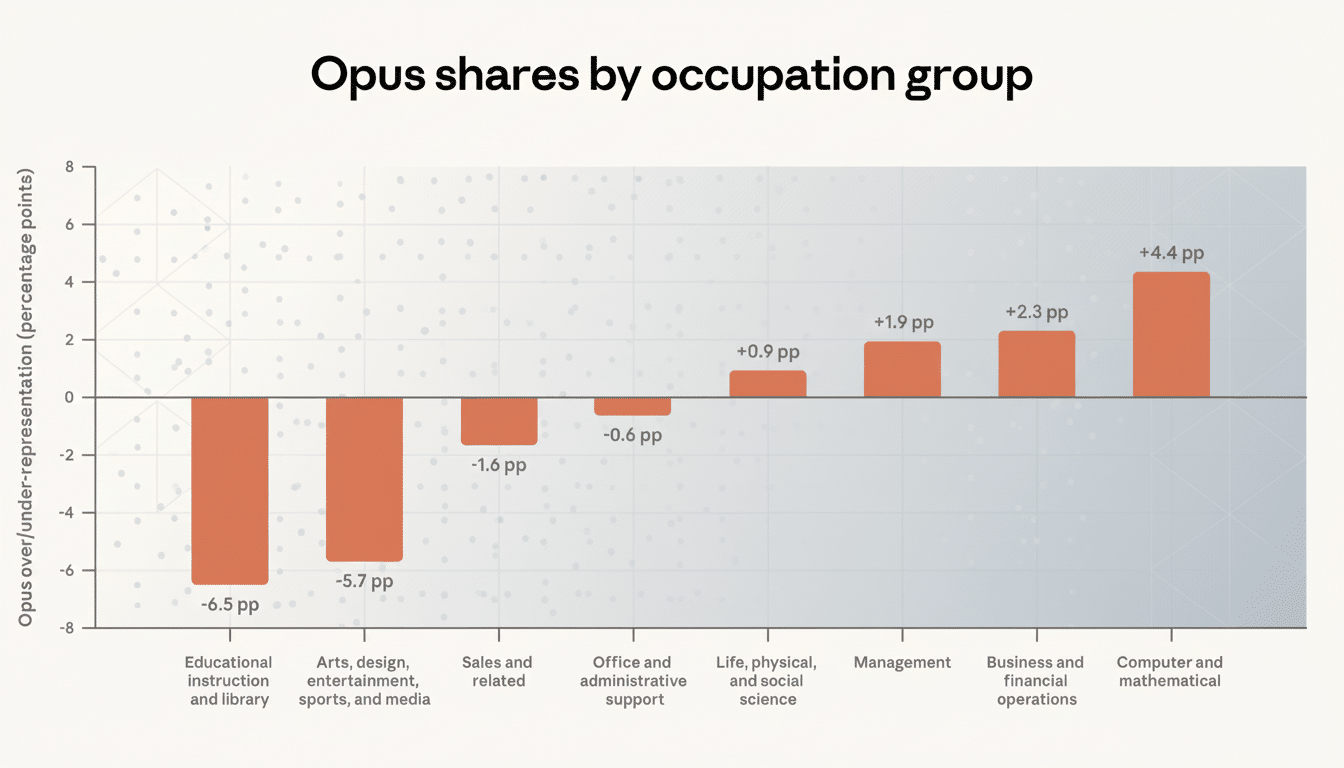 A bar chart titled Opus shares by occupation group showing over/under-representation in percentage points for various occupation groups. Educational instruction and library (-6.5 pp), Arts, design, entertainment, sports, and media (-5.7 pp), Sales and related (-1.6 pp), and Office and administrative support (-0.6 pp) are under-represented. Life, physical, and social science (+0.9 pp), Management (+1.9 pp), Business and financial operations (+2.3 pp), and Computer and mathematical (+4.4 pp) are over-represented.