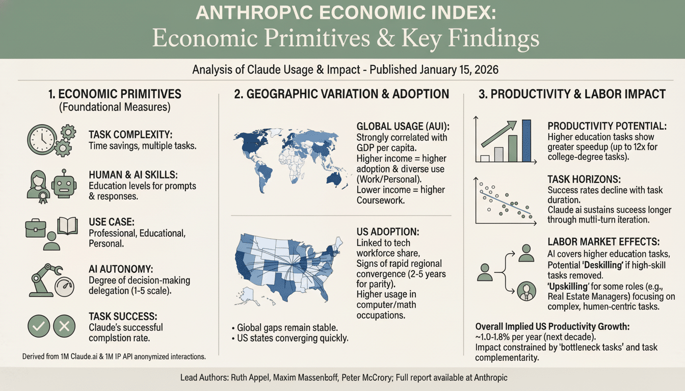 A professional infographic titled ANTHROPIC ECONOMIC INDEX: Economic Primitives & Key Findings with sections on economic primitives, geographic variation & adoption, and productivity & labor impact.
