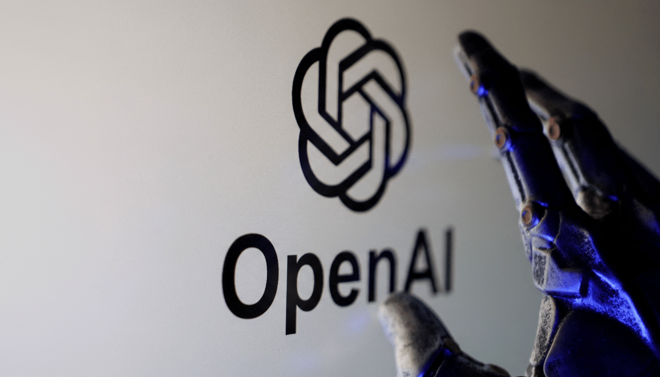 The OpenAI logo and name are displayed on a screen, with a robotic hand reaching towards it.