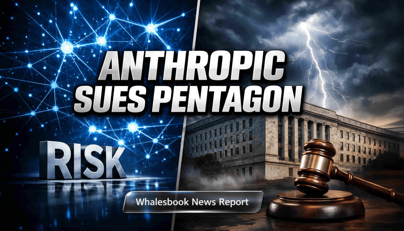 A 16:9 aspect ratio image with ANTHROPIC SUES PENTAGON in large white letters across the center. The left side features a blue, glowing network of interconnected points with the word RISK in 3D metallic letters at the bottom. The right side shows a dark, stormy sky with lightning striking above a building resembling the Pentagon, and a judges gavel resting on a wooden surface in the foreground. A banner at the bottom reads Whalesbook News Report.