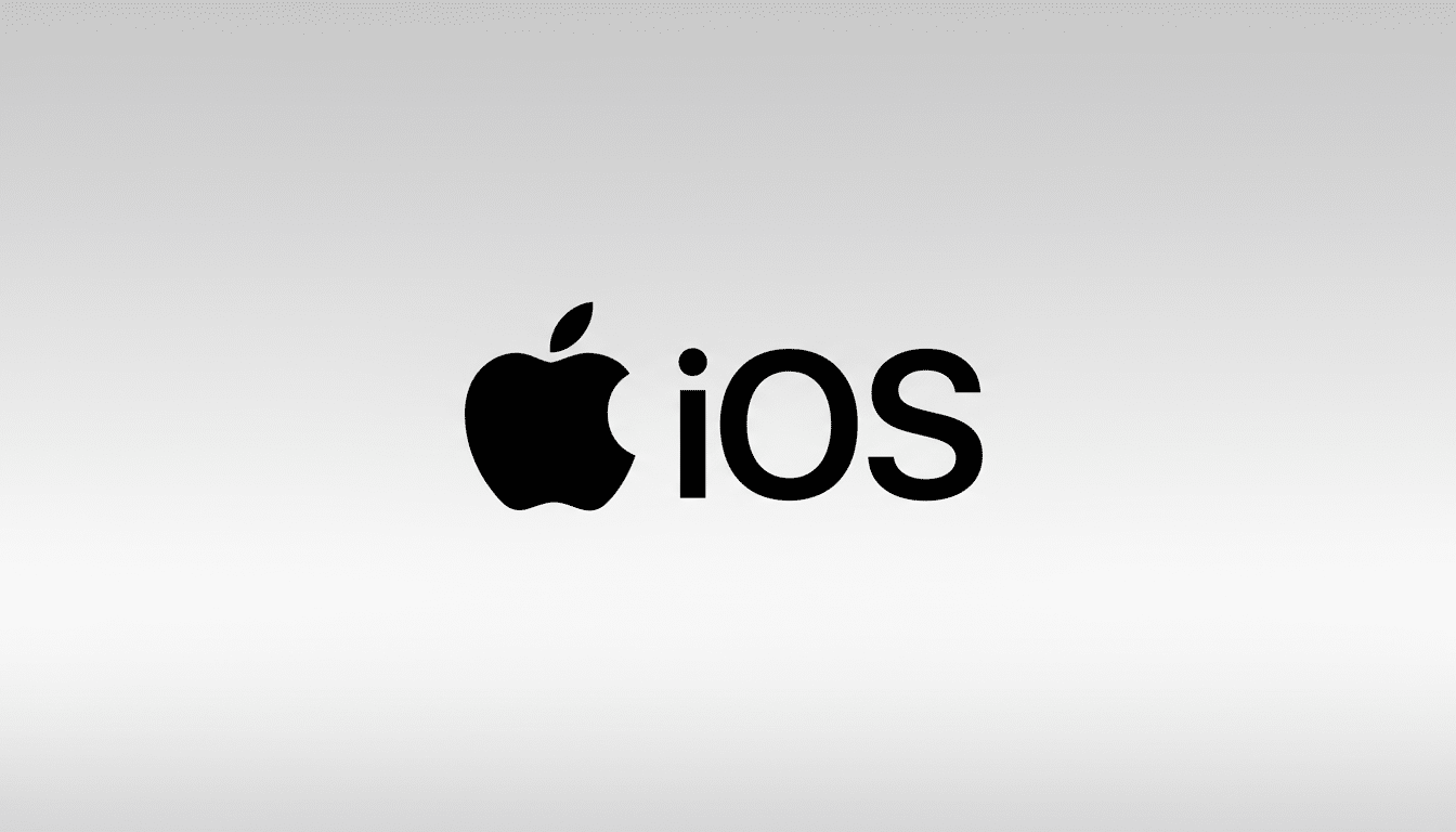 The iOS logo, featuring a black Apple icon followed by the text iOS, centered on a professional light gray gradient background.