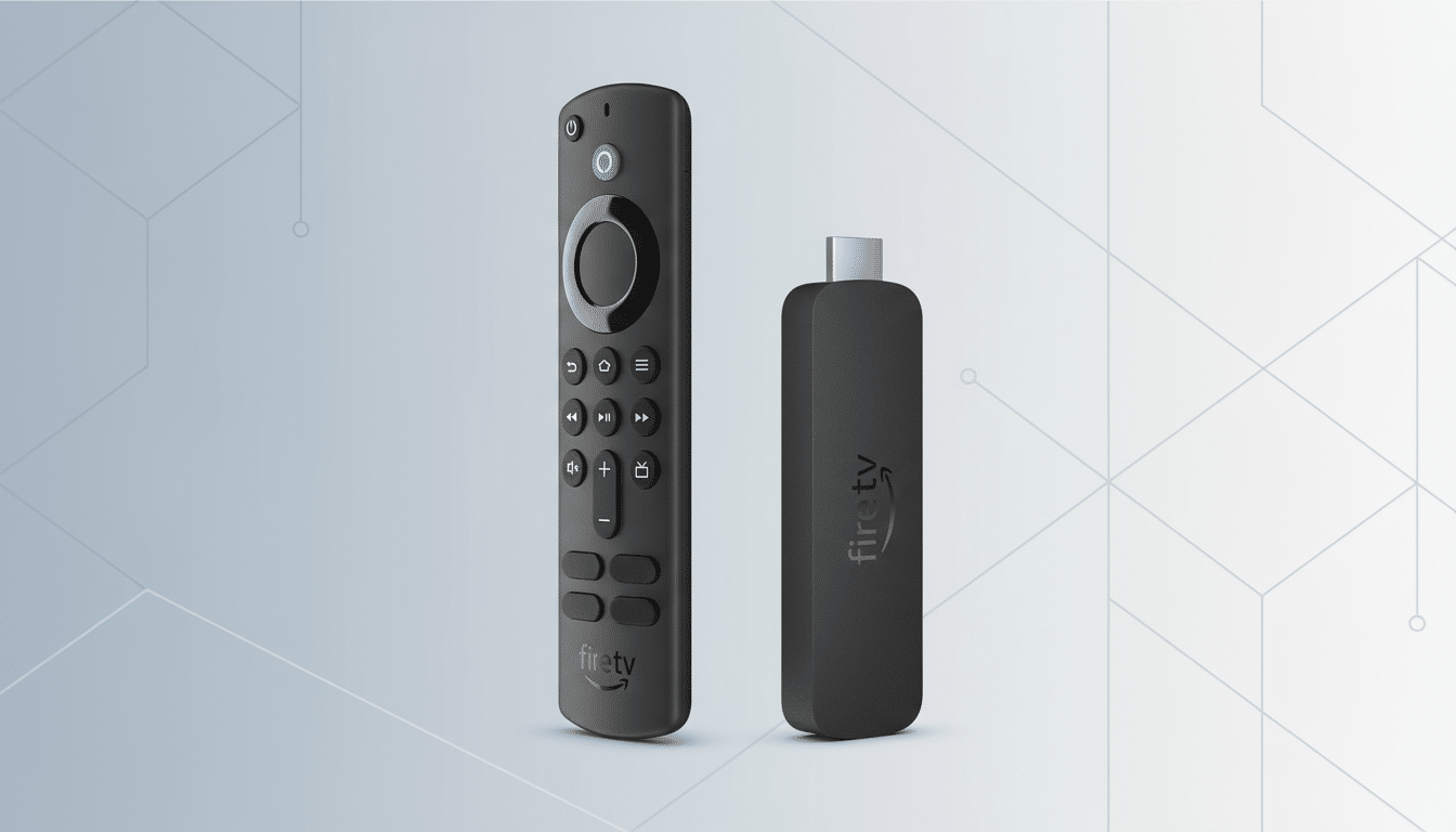 An Amazon Fire TV Stick and its remote control are displayed on a professional flat design background with soft patterns.