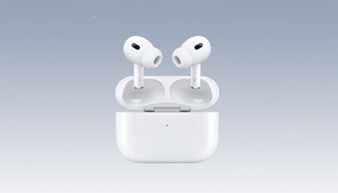 A pair of white Apple AirPods Pro 2 earbuds resting in their open charging case, set against a professional flat design background with soft gray gradients and subtle geometric patterns.