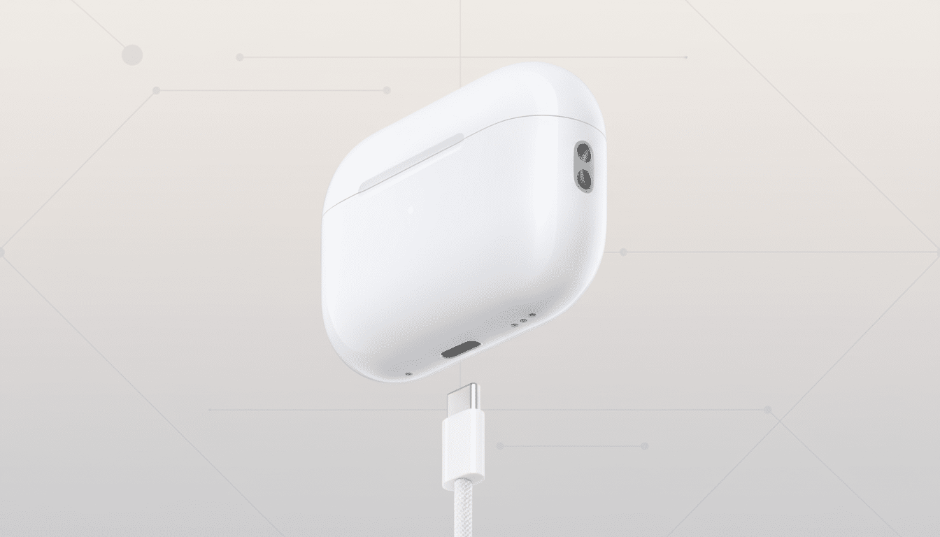 A white AirPods Pro charging case with a USB-C cable plugged into the bottom, set against a professional flat design background with soft patterns.