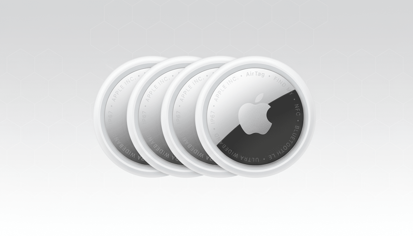 Four Apple AirTags are displayed in a row, with the front-most AirTag showing its silver and black design with the Apple logo, and the others subtly receding into the background. The background is a professional flat design with soft gray patterns.