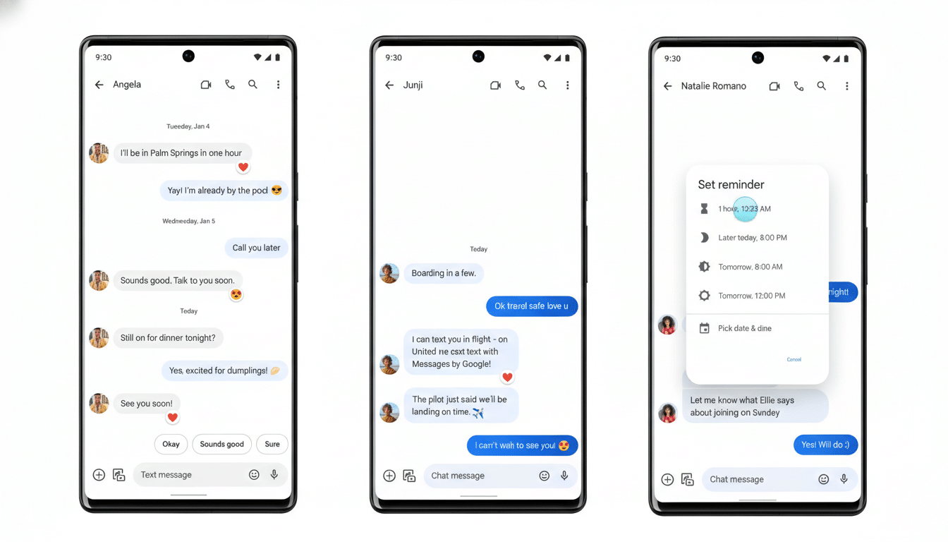 Three smartphone screens displaying Google Messages conversations. The left screen shows a chat with Angela, the middle with Junji, and the right with Natalie Romano and a Set reminder pop-up.