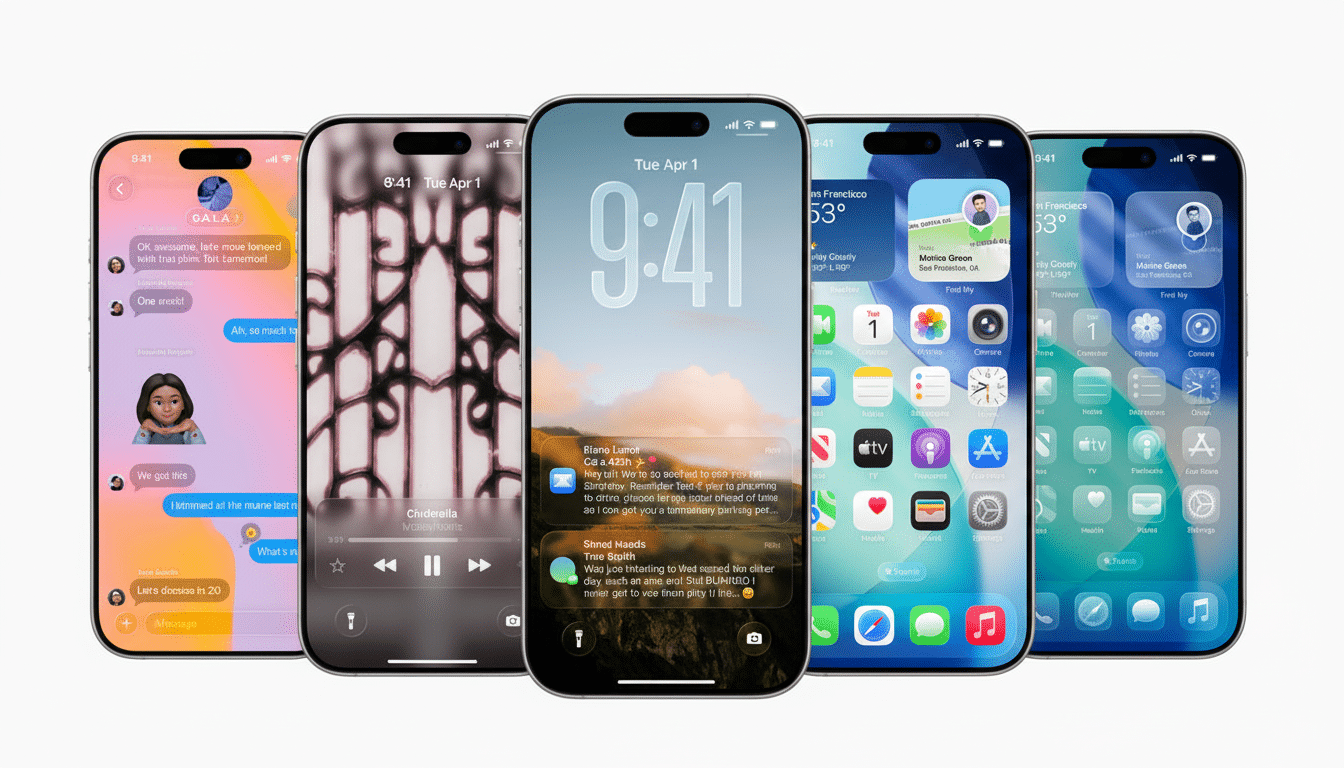 Five iPhones are displayed in a row, each showing a different screen. The first phone on the left shows a messaging app with various conversations. The second phone displays a music player interface. The central phone shows a lock screen with notifications. The fourth and fifth phones show home screens with various app icons.