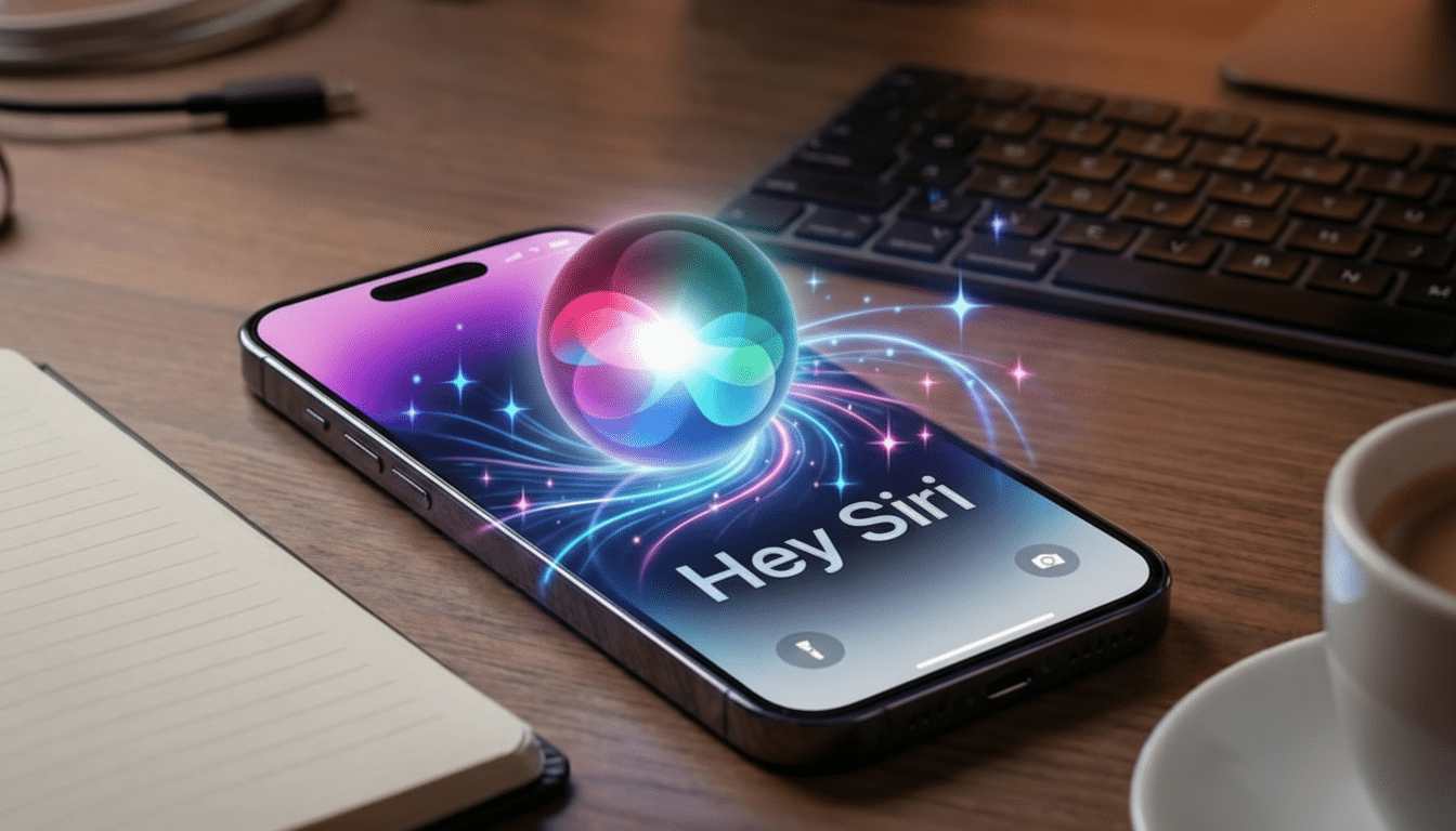 An iPhone displaying the Siri interface with a glowing orb and Hey Siri text, on a wooden desk with a keyboard, notebook, and coffee cup.