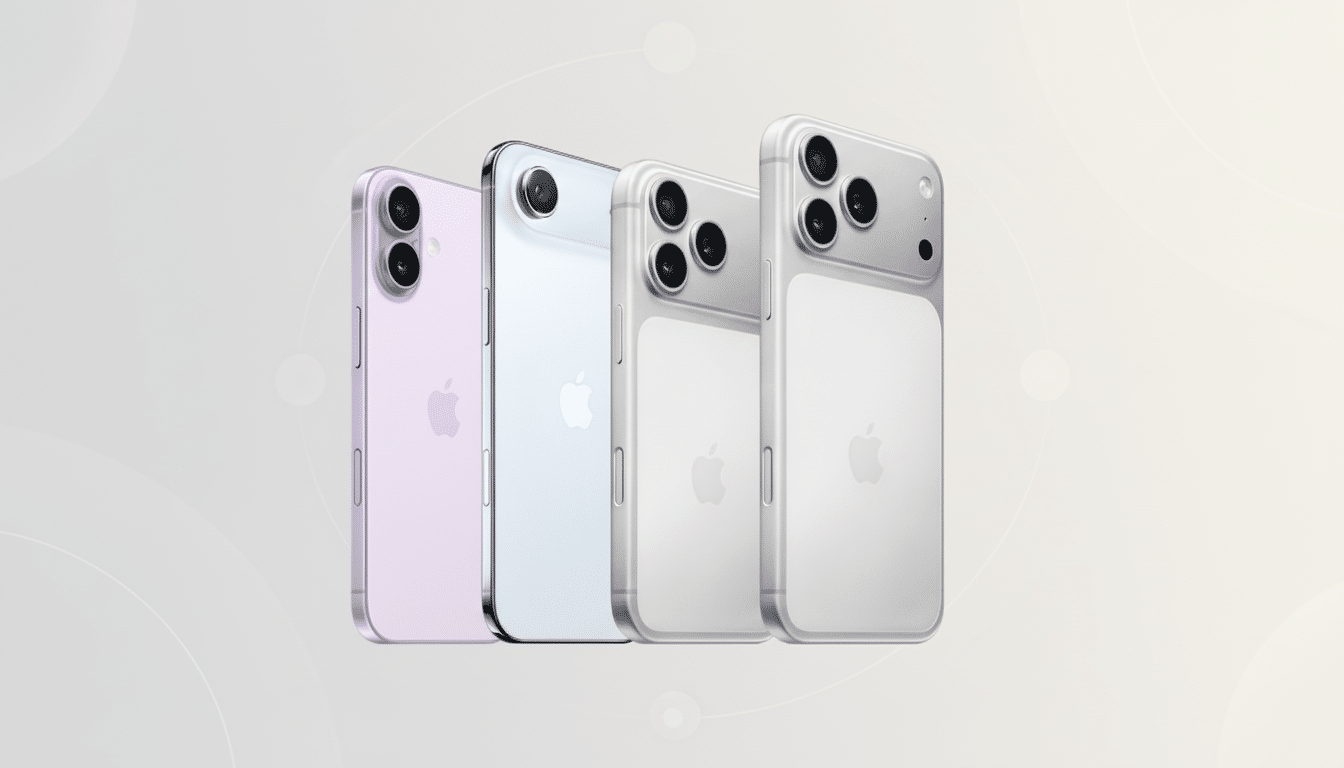Four iPhones in different colors (purple, light blue, and two silver/white) are displayed in a row, angled slightly. The background is a professional flat design with soft patterns and gradients.