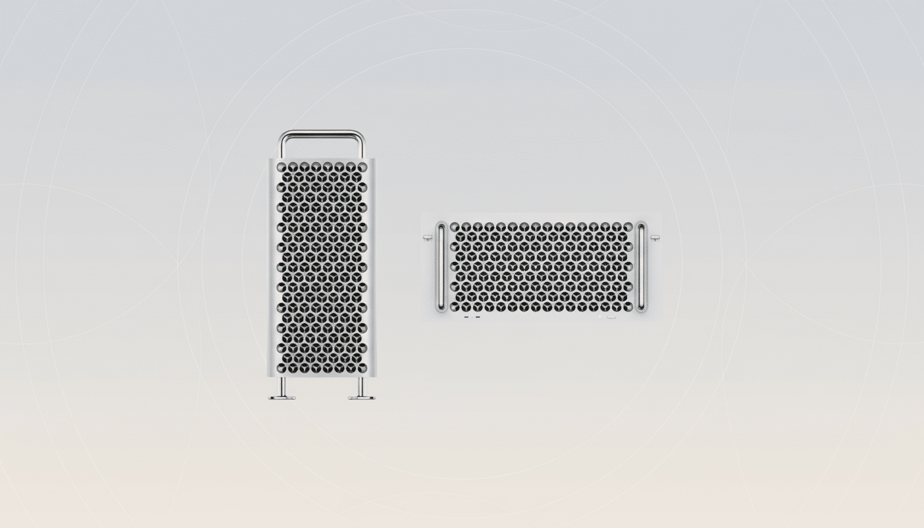 A professional image of a Mac Pro tower and its top panel, both featuring a distinctive lattice design, presented on a subtle gradient background with soft, circular patterns.