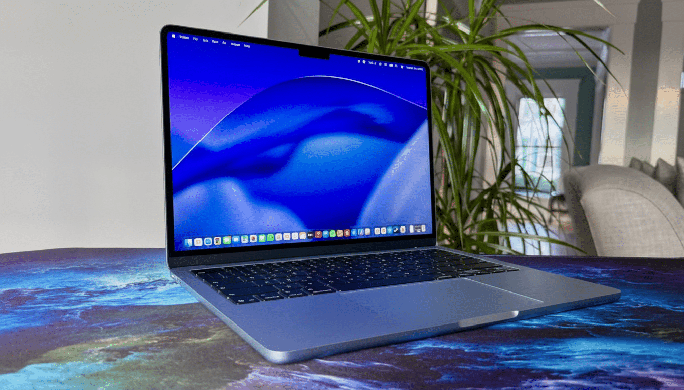 A silver MacBook laptop with a blue and black screen, sitting on a colorful desk with a plant in the background.