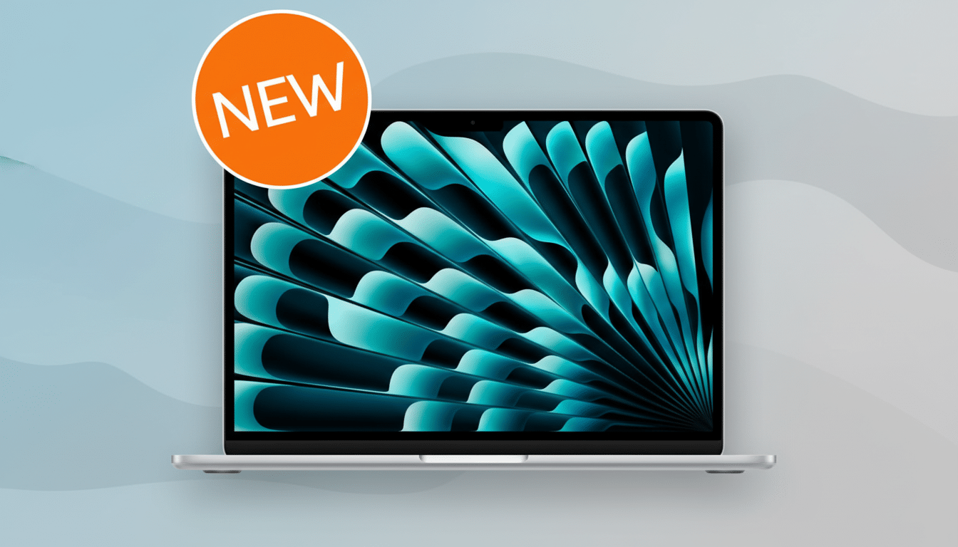 A silver laptop with a teal and black abstract design on the screen, featuring an orange NEW sticker in the top left corner, set against a professional flat design background with soft patterns and gradients.